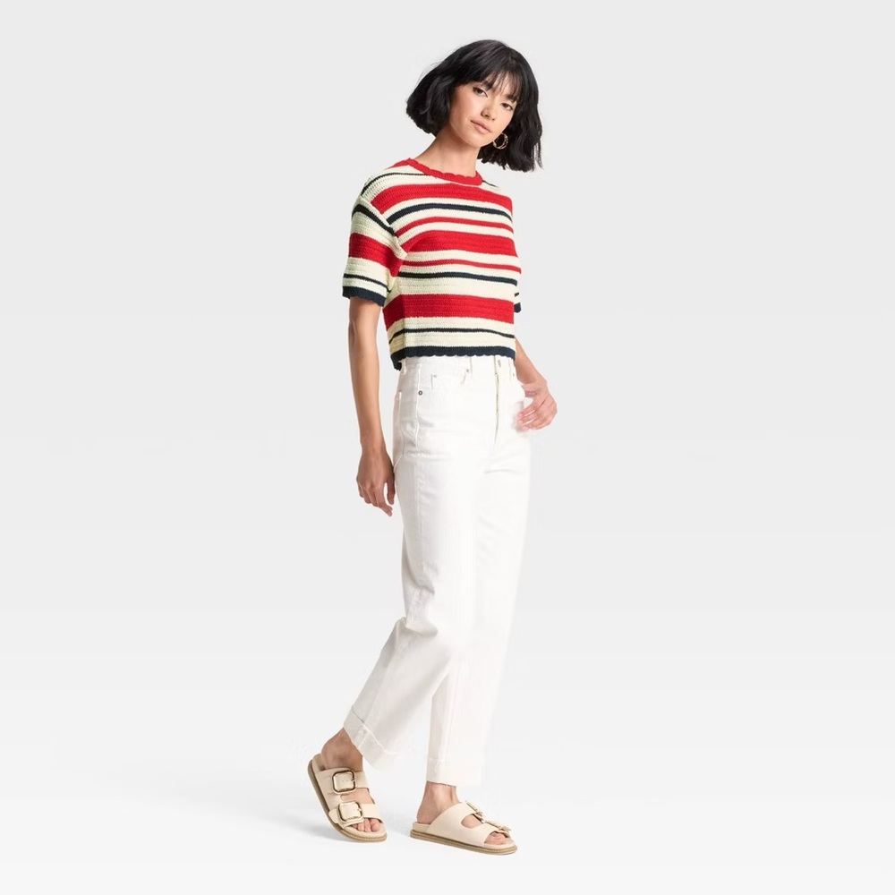 Universal Thread Women's Crewneck Knit Pullover Sweater Red/Navy/Cream Striped - Picture 3 of 6